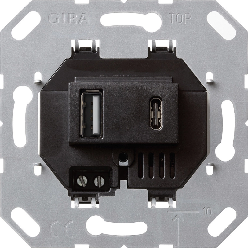 Зарядное устройство USB Gira, USB-A + USB-C, 3A, чёрная панель Зарядное устройство USB Gira, USB-A + USB-C, 3A, чёрная панель