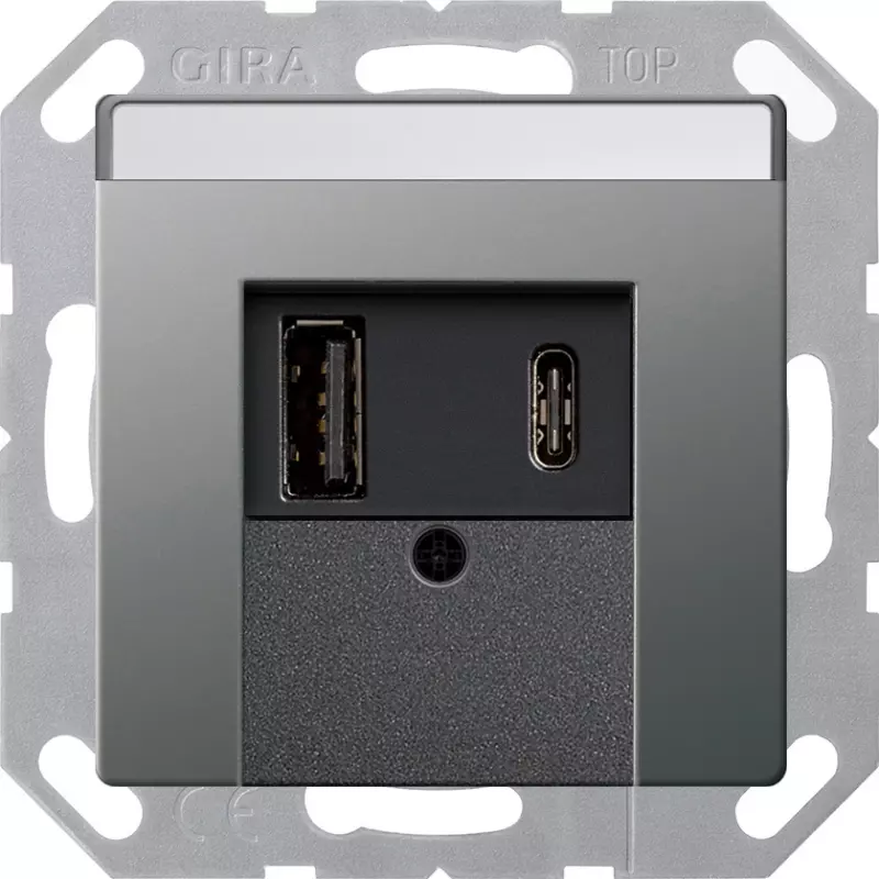 Зарядное устройство USB Gira, USB-A + USB-C, 3A, чёрная панель (Сталь) Зарядное устройство USB Gira, USB-A + USB-C, 3A, чёрная панель (Сталь)