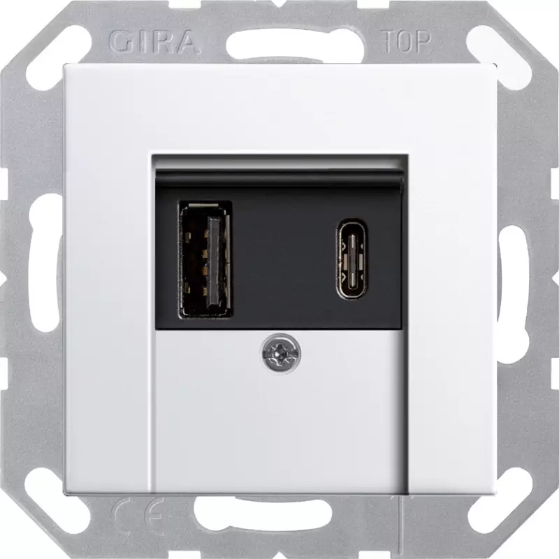 Зарядное устройство USB Gira, USB-A + USB-C, 3A, чёрная панель (белый матовый) Зарядное устройство USB Gira, USB-A + USB-C, 3A, чёрная панель (белый матовый)