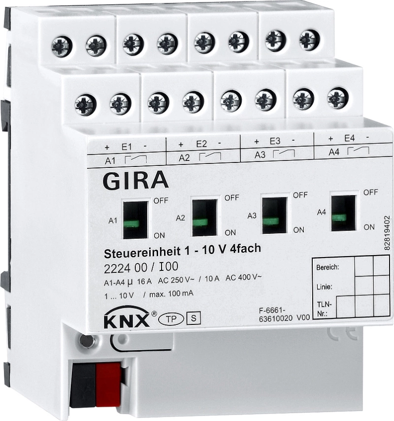 Модуль управления KNX 1 – 10 В, 4-местный с ручным управлением Модуль управления KNX 1 – 10 В, 4-местный с ручным управлением