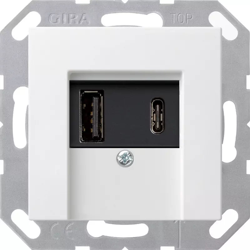 Зарядное устройство USB Gira, USB-A + USB-C, 3A, чёрная панель (Белый глянец) Зарядное устройство USB Gira, USB-A + USB-C, 3A, чёрная панель (Белый глянец)