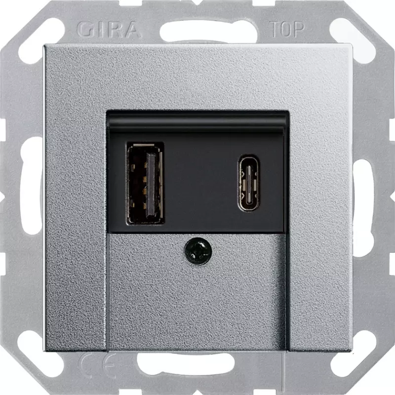Зарядное устройство USB Gira, USB-A + USB-C, 3A, чёрная панель (Алюминий) Зарядное устройство USB Gira, USB-A + USB-C, 3A, чёрная панель (Алюминий)