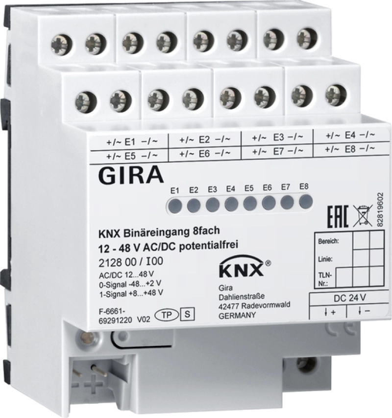 KNX двоичный вход 8-местн. 12 – 48 В AC/DC, беспотенциальный KNX двоичный вход 8-местн. 12 – 48 В AC/DC, беспотенциальный