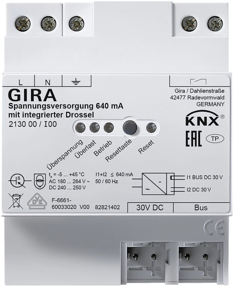 Источник электропитания KNX 640 мА с интегрированным дросселем Источник электропитания KNX 640 мА с интегрированным дросселем