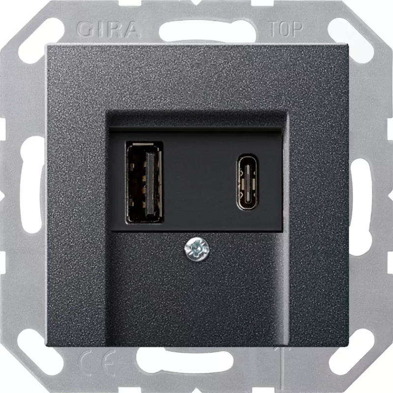 Зарядное устройство USB Gira, USB-A + USB-C, 3A, чёрная панель (Антрацит) Зарядное устройство USB Gira, USB-A + USB-C, 3A, чёрная панель (Антрацит)
